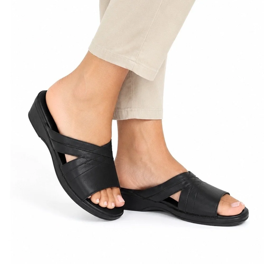 L.L.Bean Vintage Y2K Black Leather Slide On Wedge Sandals Women's Size 40 US 8.5